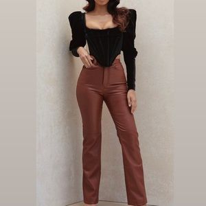 TAN STRETCH VEGAN LEATHER TROUSERS